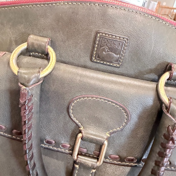 Dooney & Bourke Olive Leather Satchel with Burgundy Trim and Brass Hardware - Picture 2 of 13